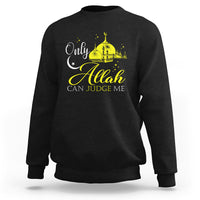 Black Islamic sweatshirt with gold mosque graphic and “Allah can judge me” text