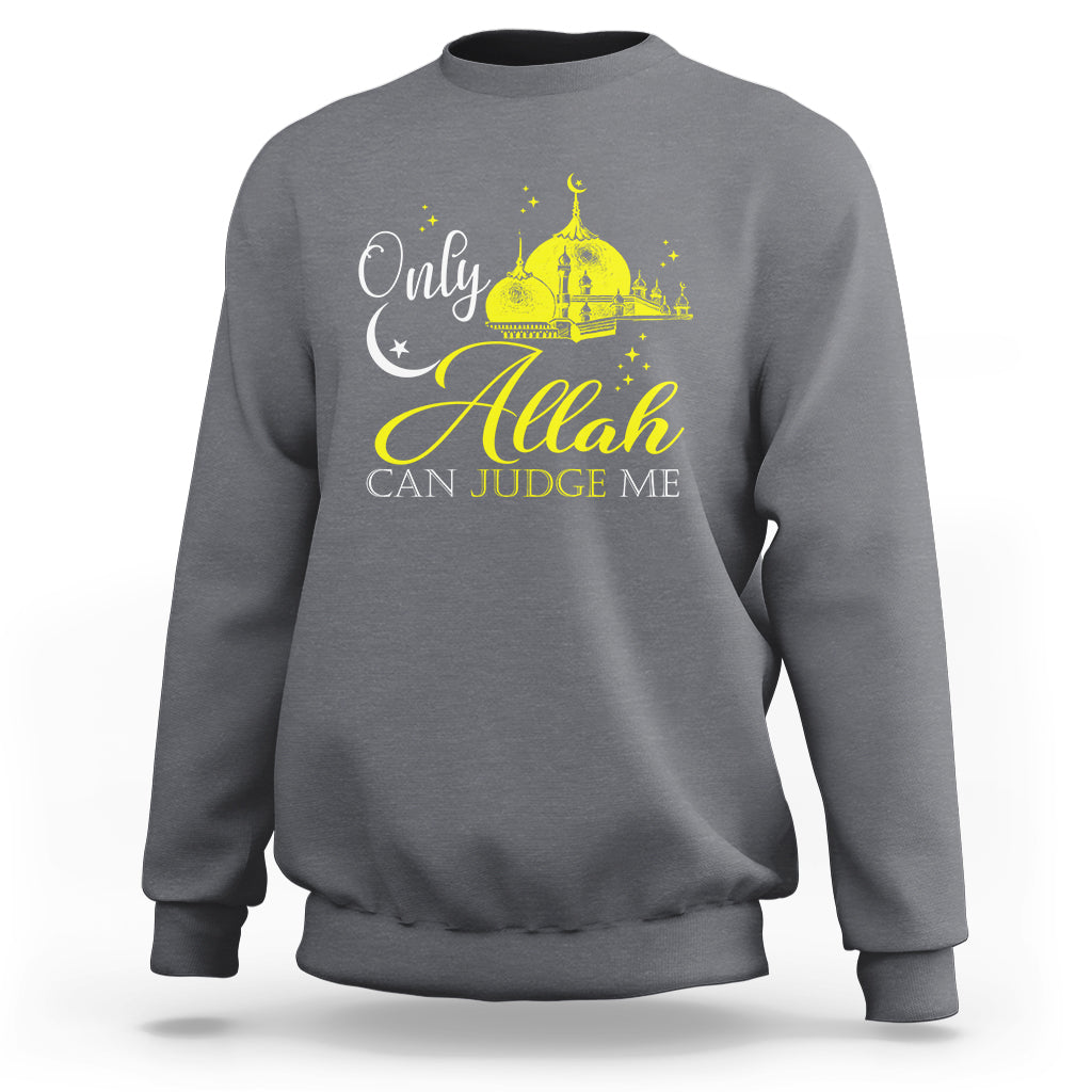 Charcoal Islamic sweatshirt with gold mosque graphic and “Allah can judge me” text