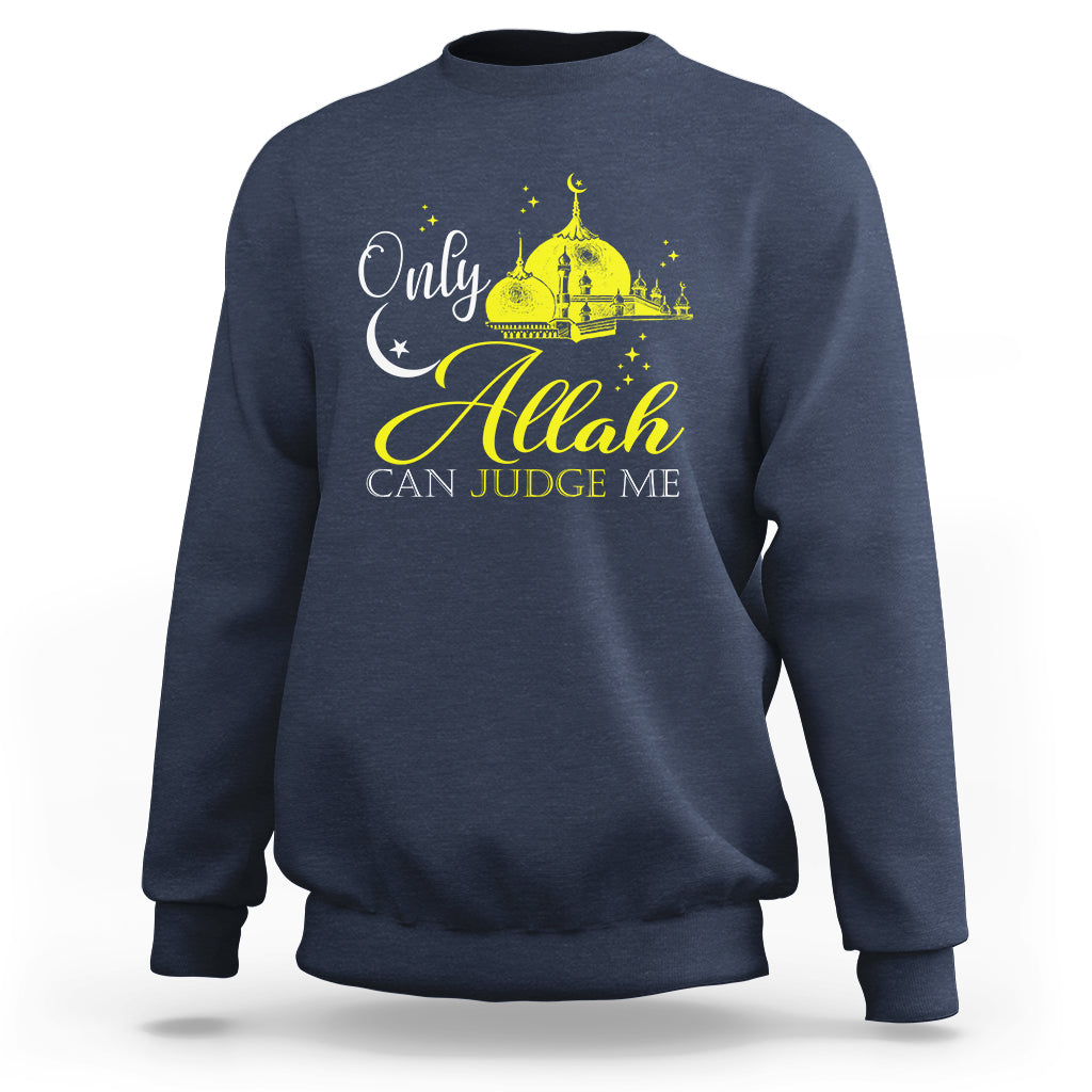 Navy Islamic sweatshirt with gold mosque graphic and “Allah can judge me” text
