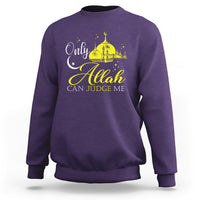 Purple Islamic sweatshirt with gold mosque graphic and “Allah can judge me” text