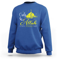Royal blue Islamic sweatshirt with gold mosque graphic and “Allah can judge me” text