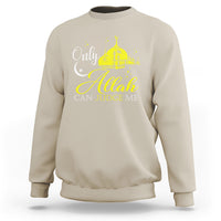 Sand Islamic sweatshirt with gold mosque graphic and “Allah can judge me” text
