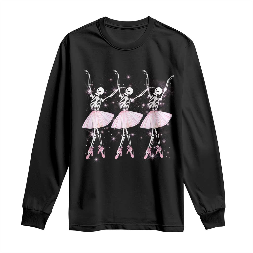 Black long-sleeve Halloween shirt with skeleton ballet dancer graphic and pink tutus