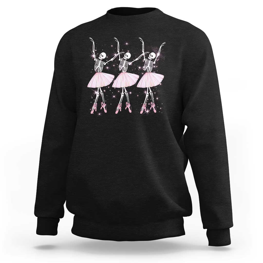 Black sweatshirt with skeleton ballerina dance graphic across the chest