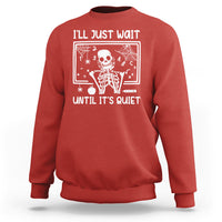 Red Halloween teacher sweatshirt with skeleton graphic and "I'll Just Wait" text