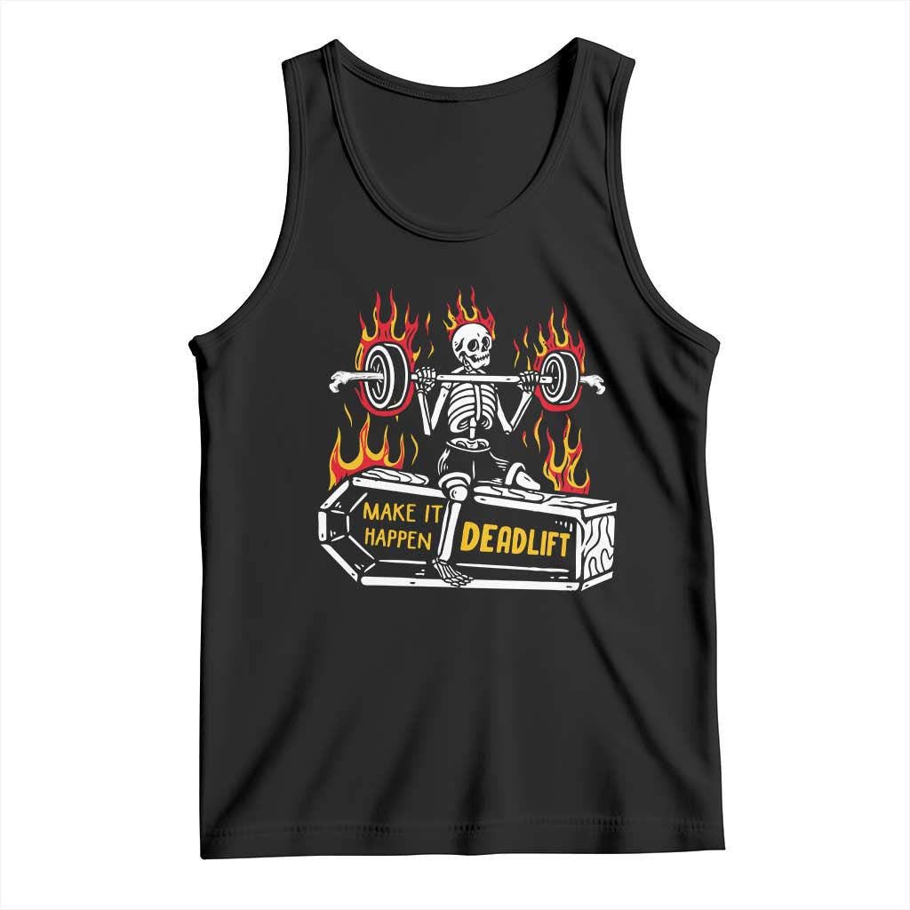 Black gym tank top with crew neck and deadlift skeleton flame graphic.