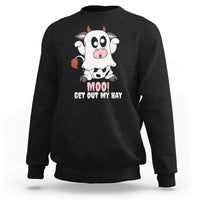 Black Halloween cow sweatshirt with 'MOO! Get out my hay' front graphic