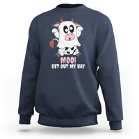Navy Halloween cow sweatshirt with 'MOO! Get out my hay' front graphic