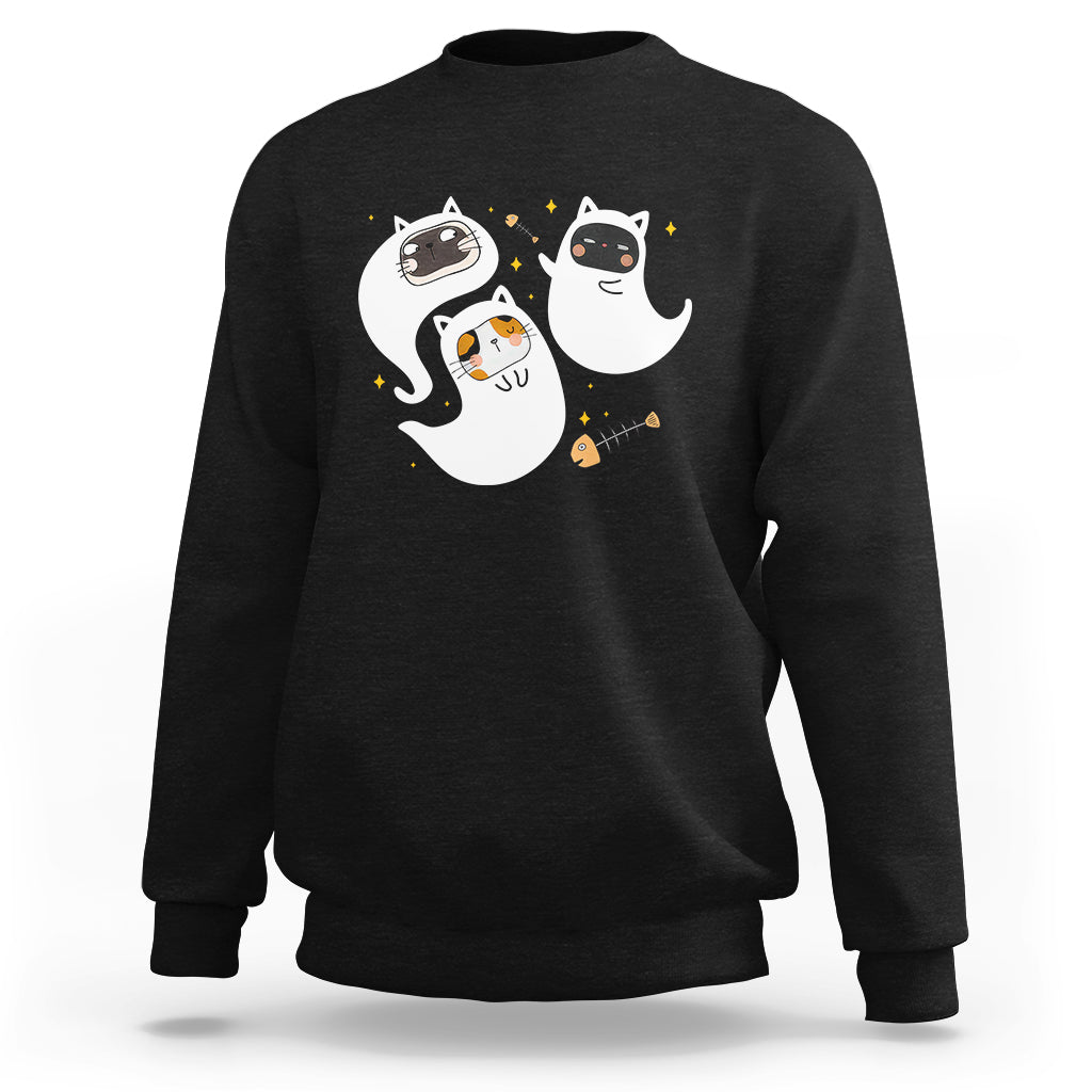 Black crewneck sweatshirt with cute ghost and cat graphic on chest