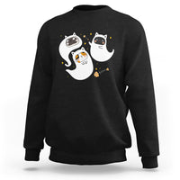 Black crewneck sweatshirt with cute ghost and cat graphic on chest