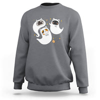 Gray crewneck sweatshirt with cute ghost and cat graphic on chest