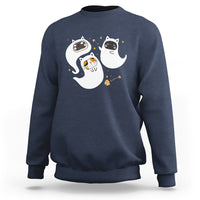 Navy crewneck sweatshirt with cute ghost and cat graphic on chest