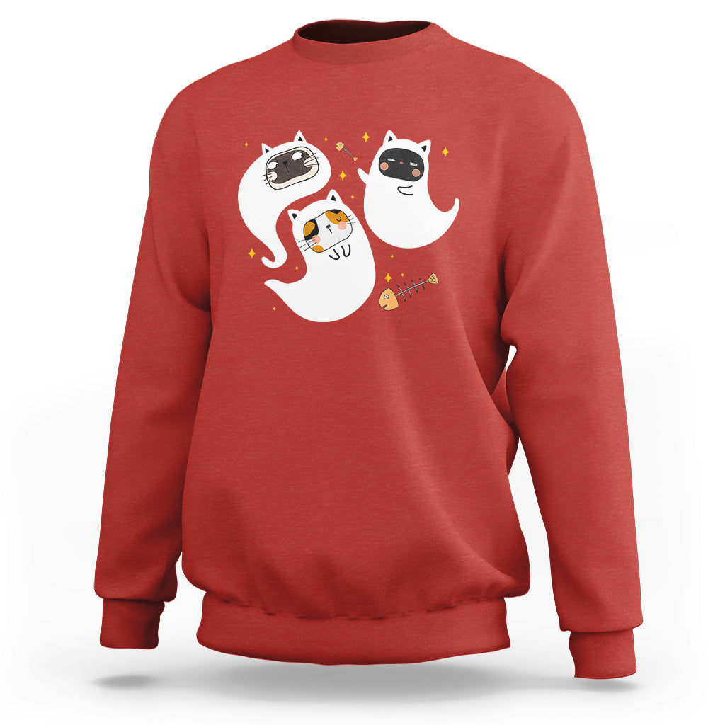 Red crewneck sweatshirt with cute ghost and cat graphic on chest