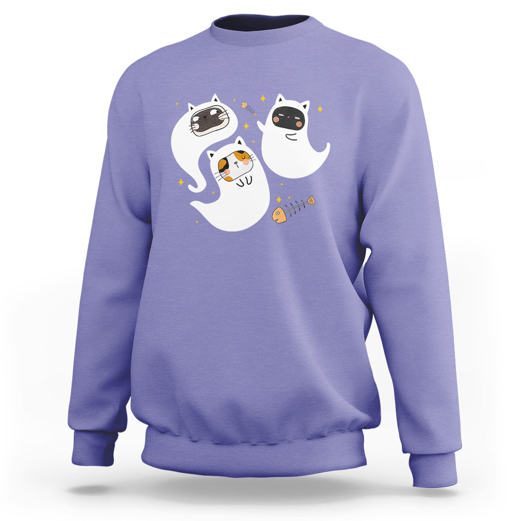 Lavender crewneck sweatshirt with cute ghost and cat graphic on chest