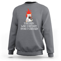 Charcoal crewneck sweatshirt with fiery cat graphic and 'Who's Stressed? I'm Not Stressed' text