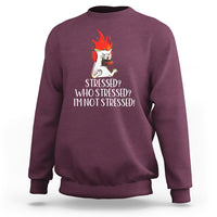 Maroon crewneck sweatshirt with fiery cat graphic and 'Who's Stressed? I'm Not Stressed' text