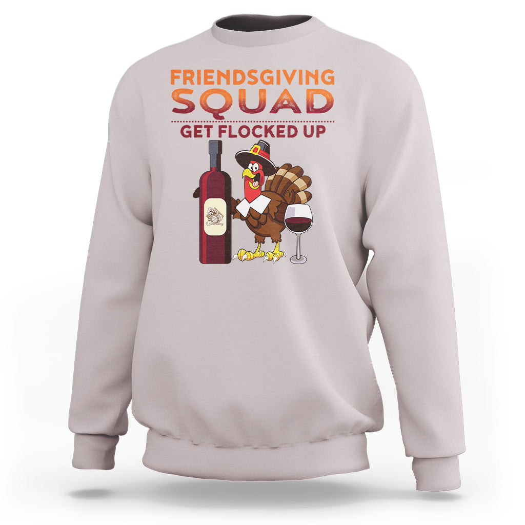Off-white crewneck sweatshirt with Friendsgiving Squad graphic and turkey holding wine glass