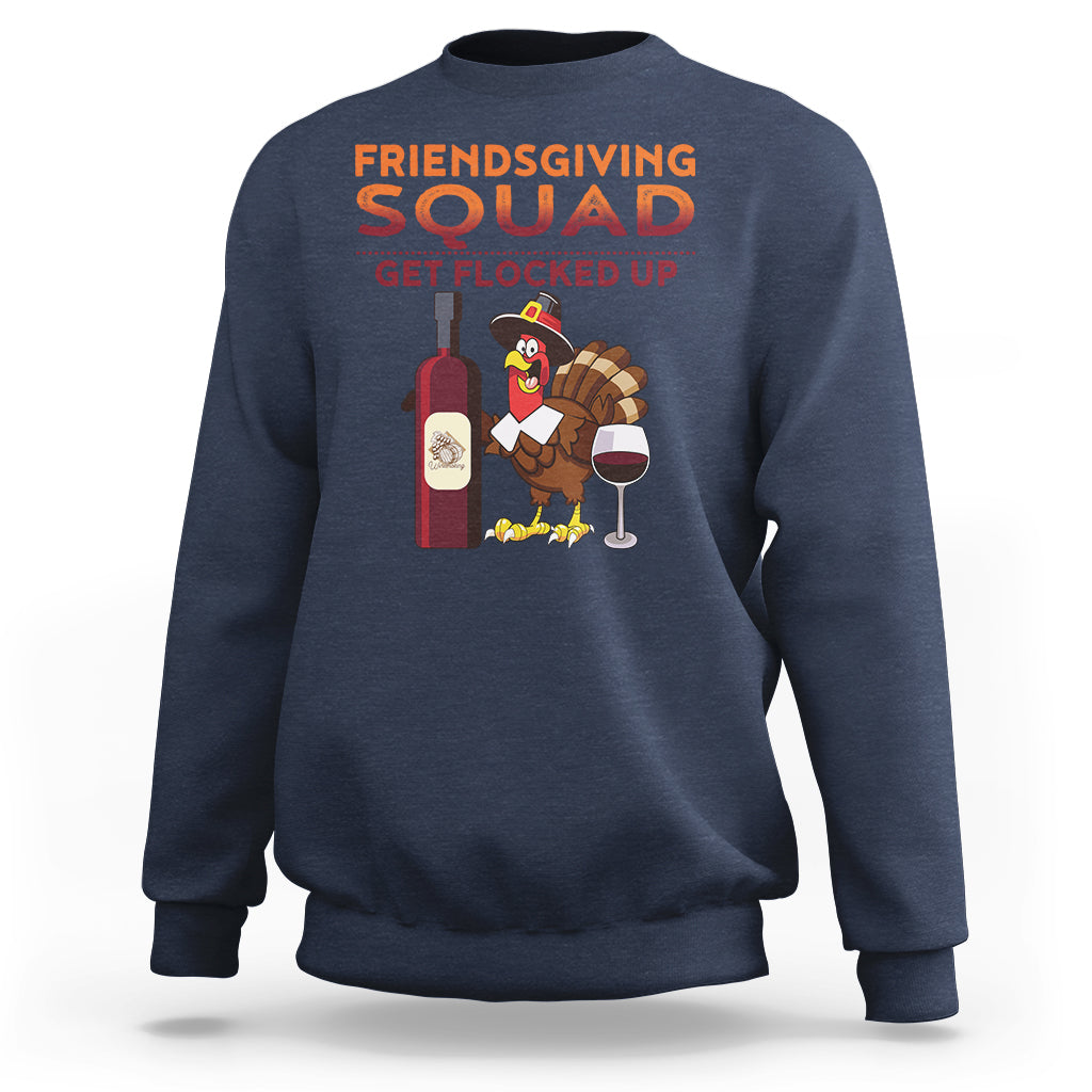 Navy crewneck sweatshirt with Friendsgiving Squad graphic and turkey holding wine glass