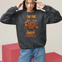 Charcoal Thanksgiving sweatshirt with dabbing turkey graphic and "Queen Turkey" text