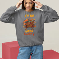 Gray Thanksgiving sweatshirt with dabbing turkey graphic and "Queen Turkey" text