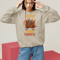 Sand Thanksgiving sweatshirt with dabbing turkey graphic and "Queen Turkey" text
