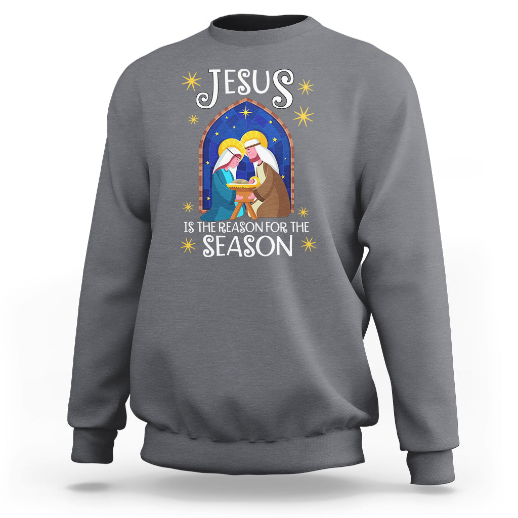 Charcoal gray crewneck Christmas nativity sweatshirt with colorful Jesus message graphic