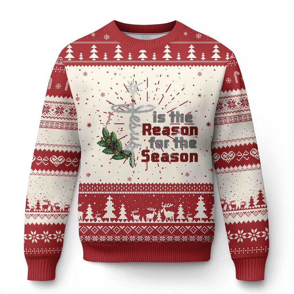 Red and cream Christmas sweater with festive stripes and 'Reason for the Season' graphic