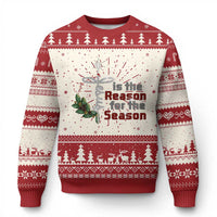 Red and cream Christmas sweater with festive stripes and 'Reason for the Season' graphic