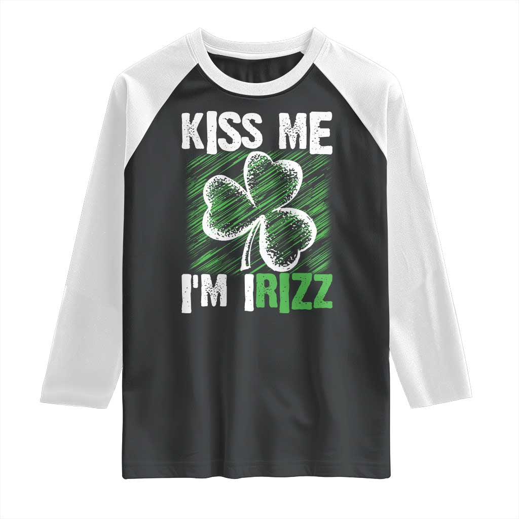 Funny St. Patrick's Day Raglan Shirt Kiss Me I'm iRizz Shamrock