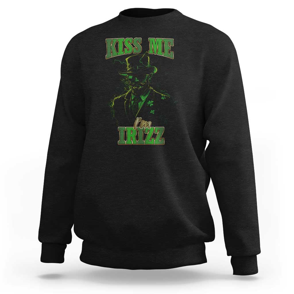 St. Patrick's Day graphic sweatshirt, black, 'Kiss Me I'm iRizz' leprechaun front print