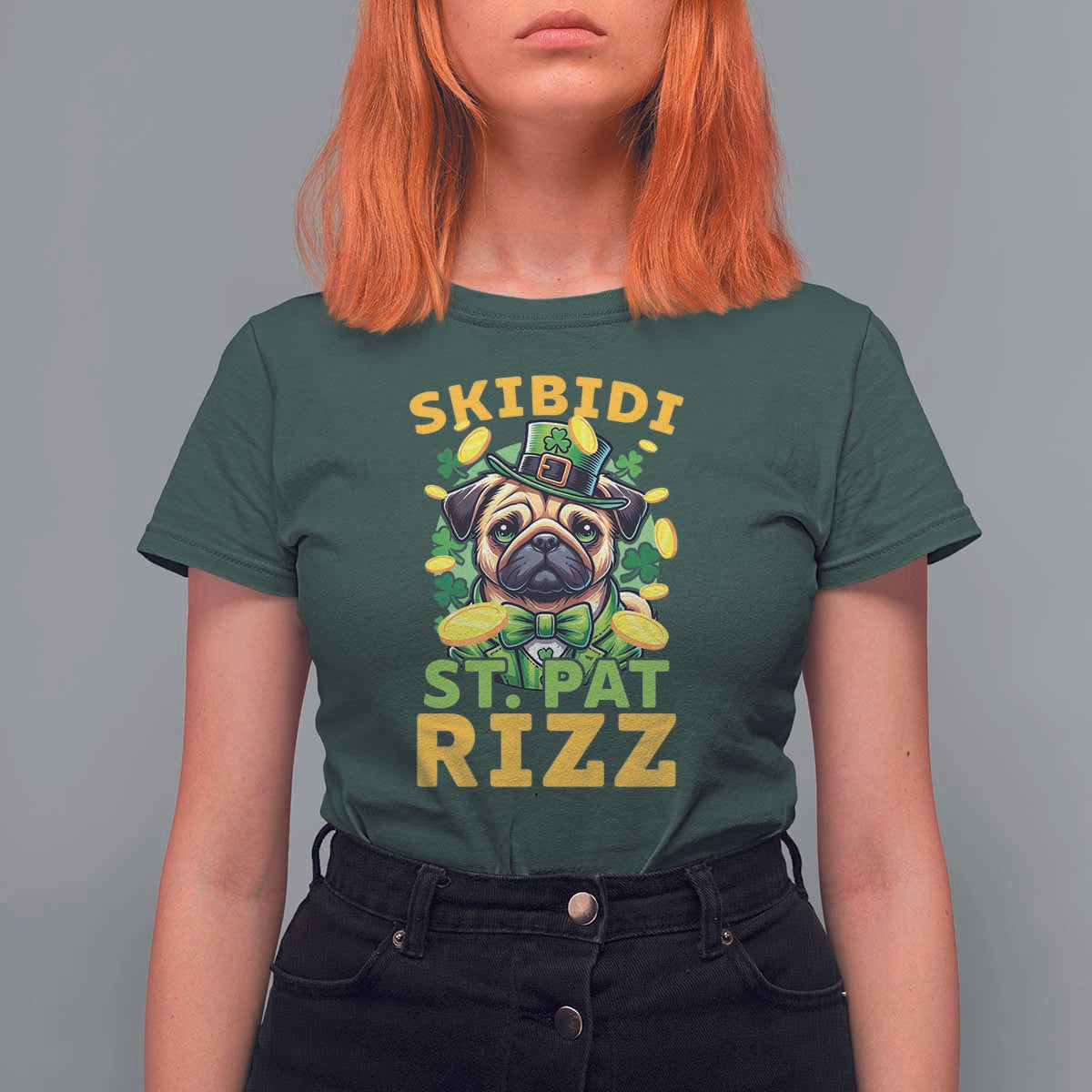 Funny St. Patrick's Day T Shirt For Women Skibidi St. Patrizz Cute Dog Leprechaun