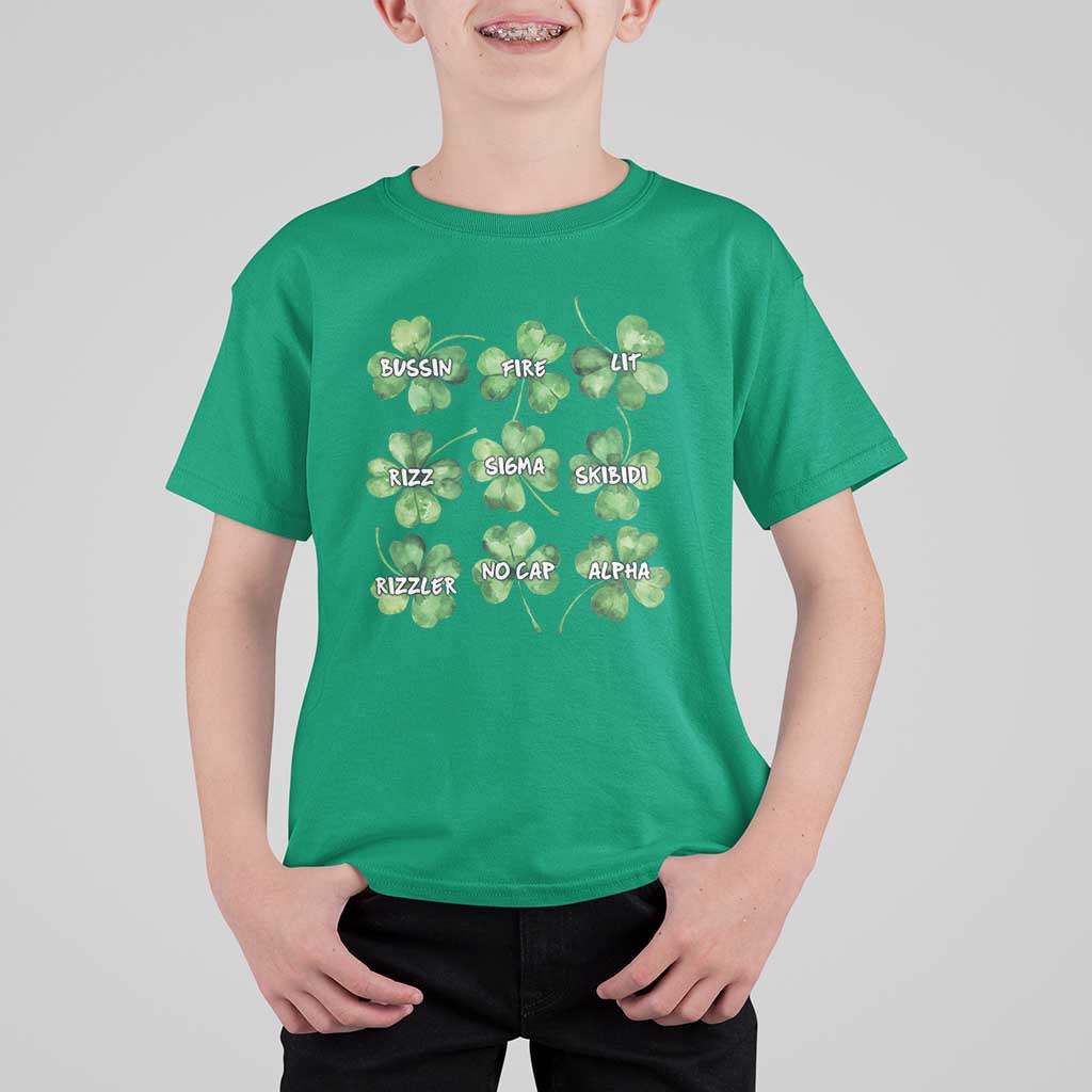 Funny St. Patrick's Day T Shirt For Kid Shamrock Lit Rizz Sigma Skibidi Rizzler No Cap Alpha