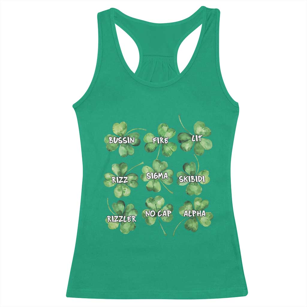 Funny St. Patrick's Day Racerback Tank Top Shamrock Lit Rizz Sigma Skibidi Rizzler No Cap Alpha