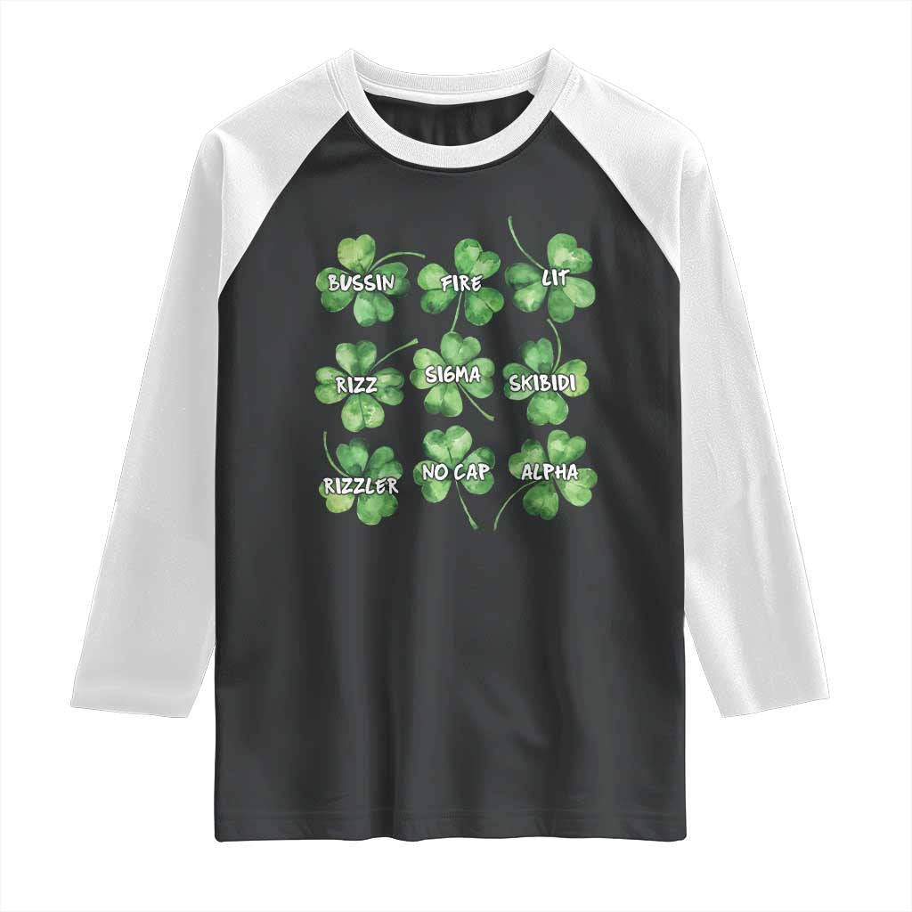 Funny St. Patrick's Day Raglan Shirt Shamrock Lit Rizz Sigma Skibidi Rizzler No Cap Alpha