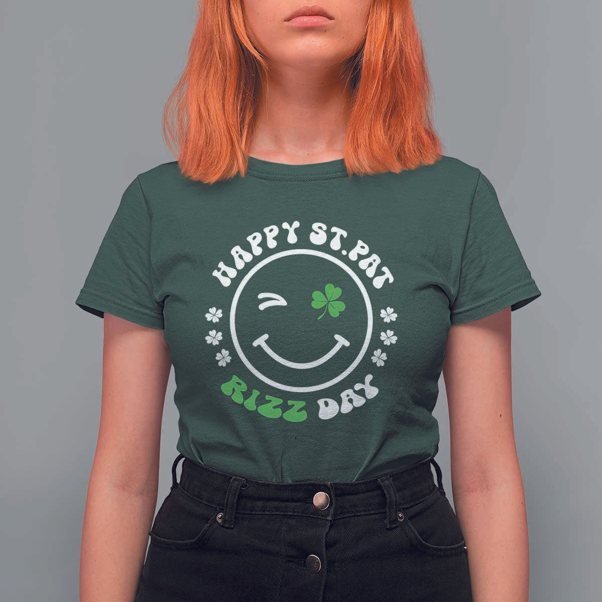 Funny St. Patrick's Day T Shirt For Women Happy St Pat Rizz Day Shamrock Lucky Face