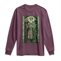 Maroon long-sleeve shirt with St. Patrick stained-glass portrait front print