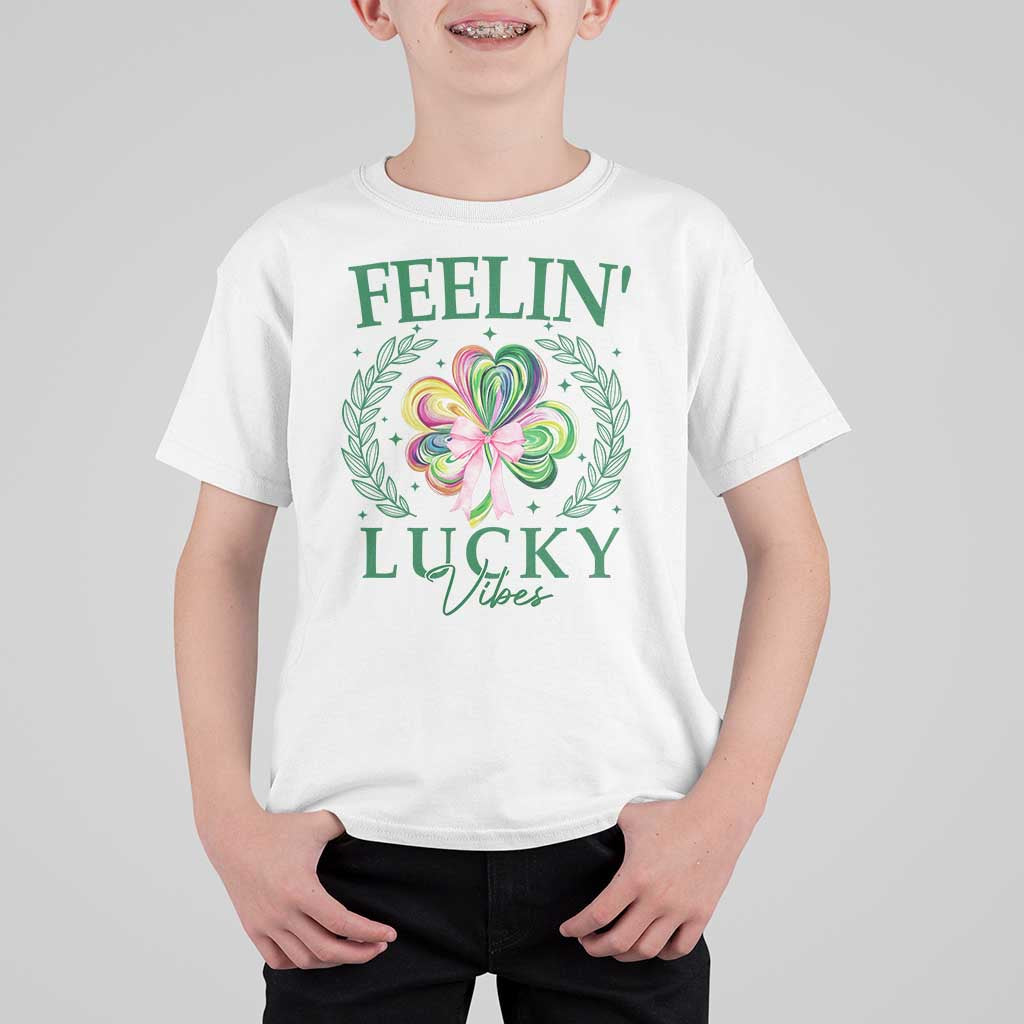 St. Patrick's Day T Shirt For Kid Feelin' Lucky Vibes Shamrock Coquette Bow