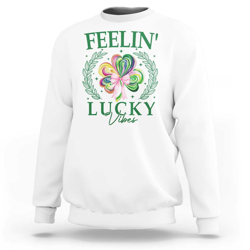 St. Patrick's Day Sweatshirt Feelin' Lucky Vibes Shamrock Coquette Bow