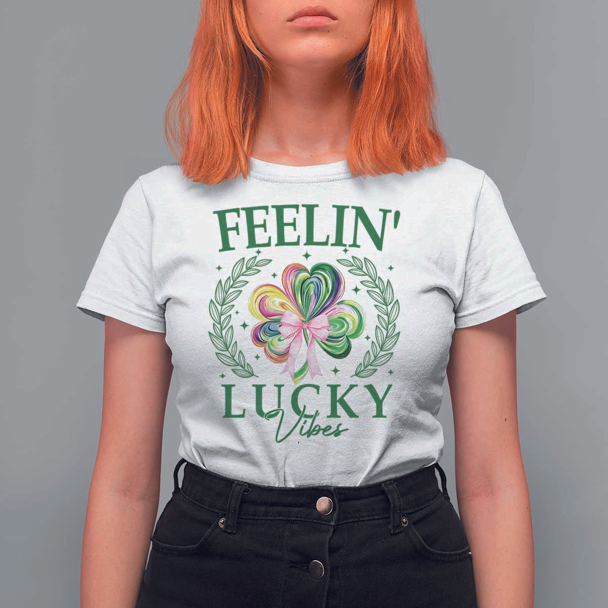 St. Patrick's Day T Shirt For Women Feelin' Lucky Vibes Shamrock Coquette Bow