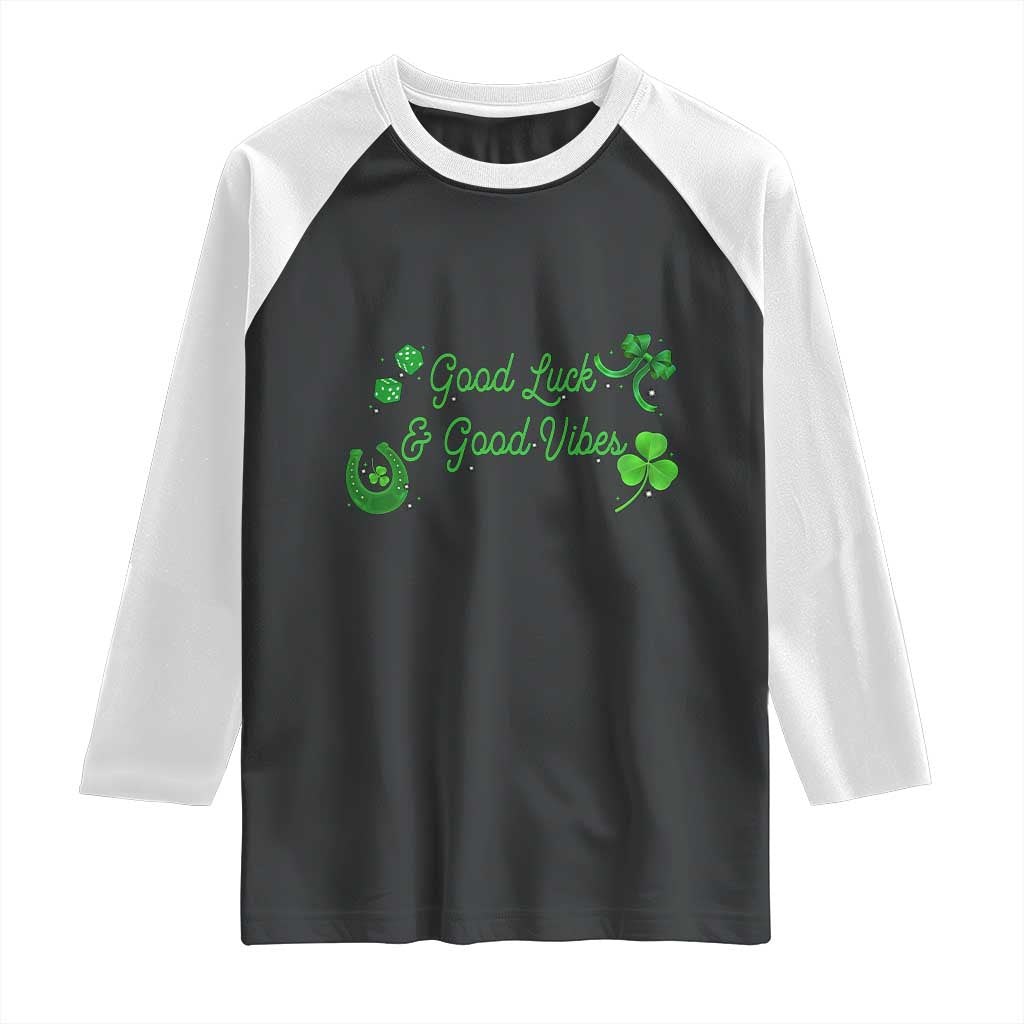 St. Patrick's Day Raglan Shirt Good Luck And Good Vibes Shamrock Coquette Bow