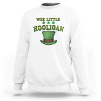 White sweatshirt with 'Wee Little Hooligan' and green leprechaun hat graphic