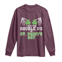 Maroon long-sleeve T-shirt with front skeleton shamrock graphic and “Double D’s” text