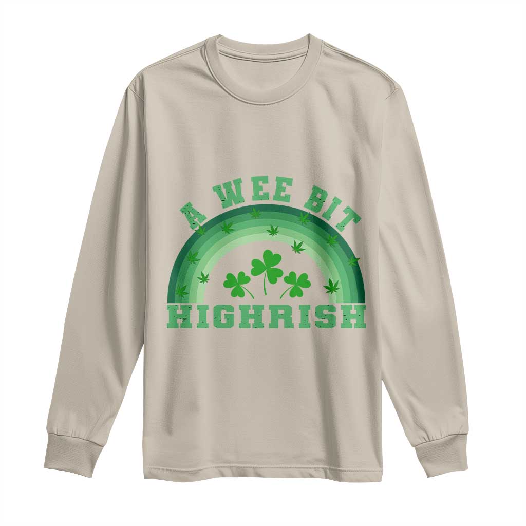Beige long-sleeve T-shirt with 'A Wee Bit Highrish' shamrock arch graphic