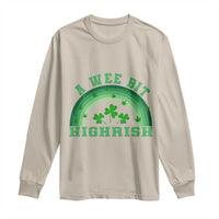 Beige long-sleeve T-shirt with 'A Wee Bit Highrish' shamrock arch graphic