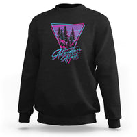 Adventure camping sweatshirt, black, with neon triangle tree graphic.