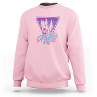 Adventure camping sweatshirt, light pink, with neon triangle tree graphic.