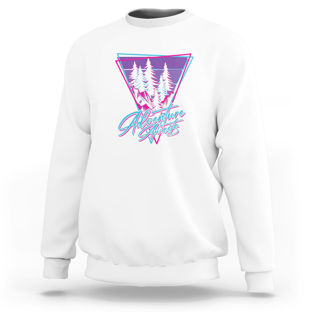 Adventure camping sweatshirt, white, with neon triangle tree graphic.