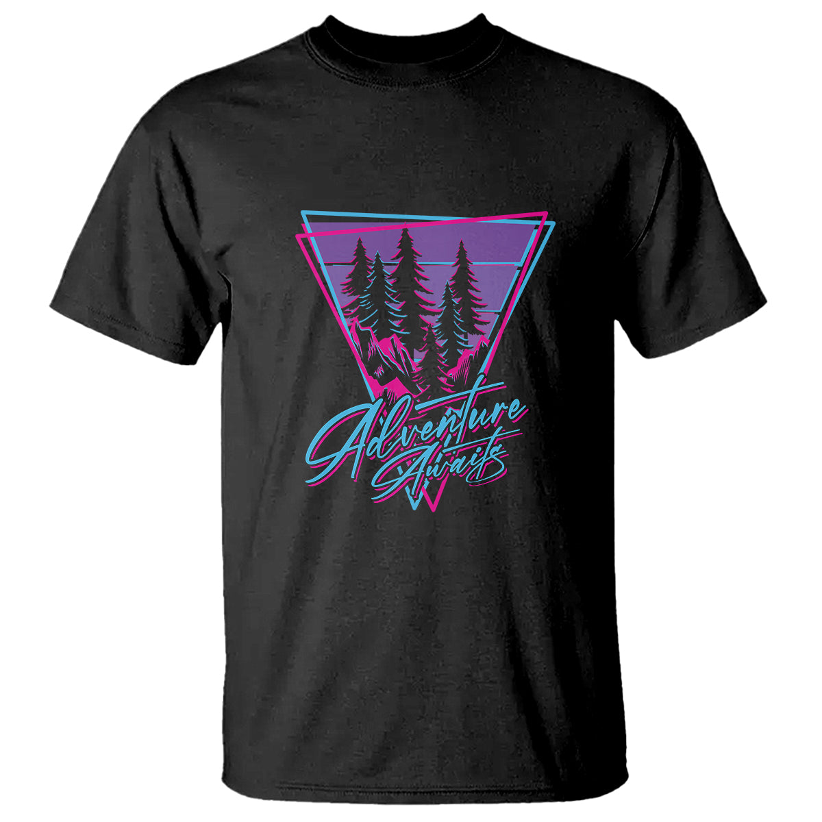 Black T-shirt with triangular pine tree graphic and pink-and-blue “Adventure Awaits” text