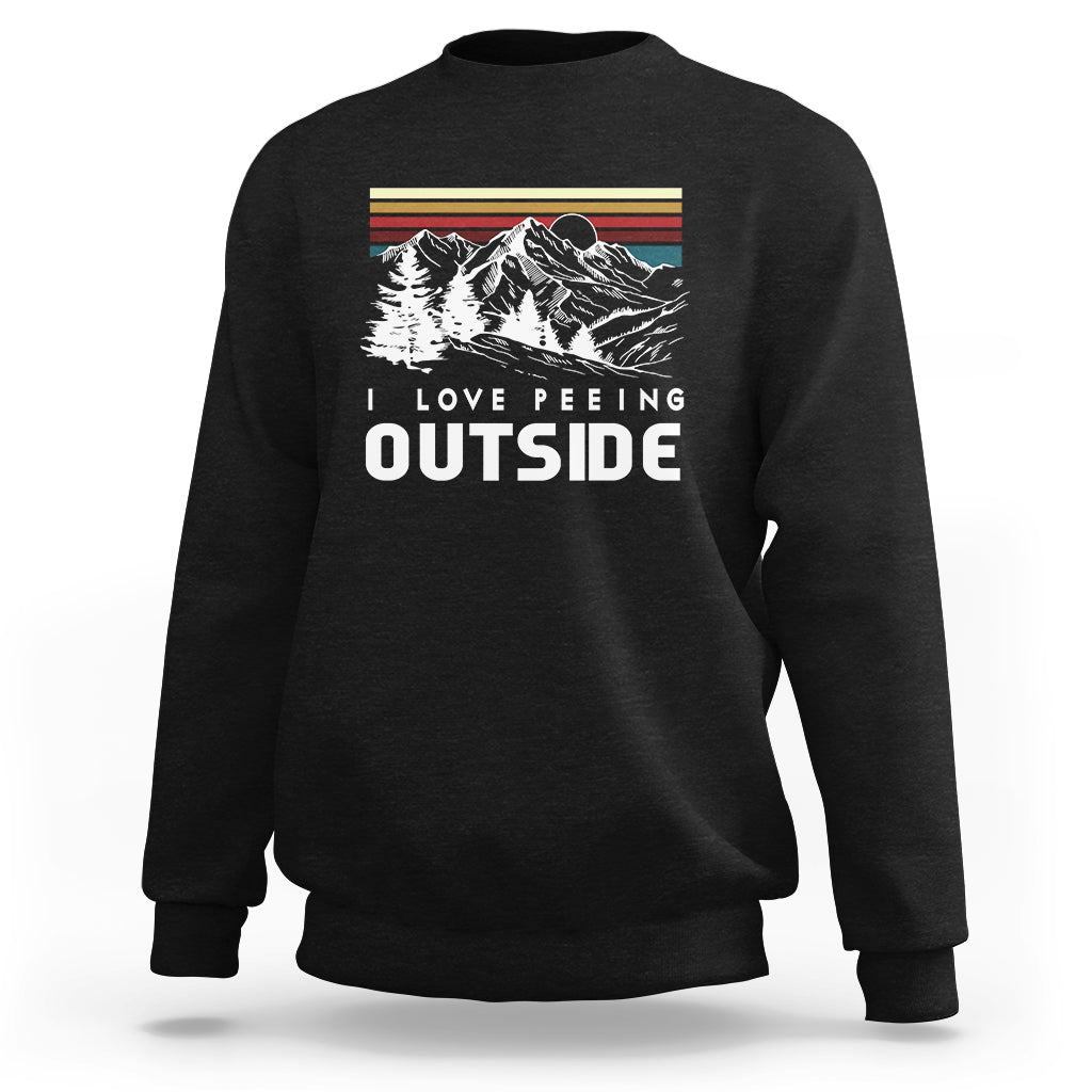 Men's black crewneck sweatshirt with mountain 'LOVE PEING OUTSIDE' graphic