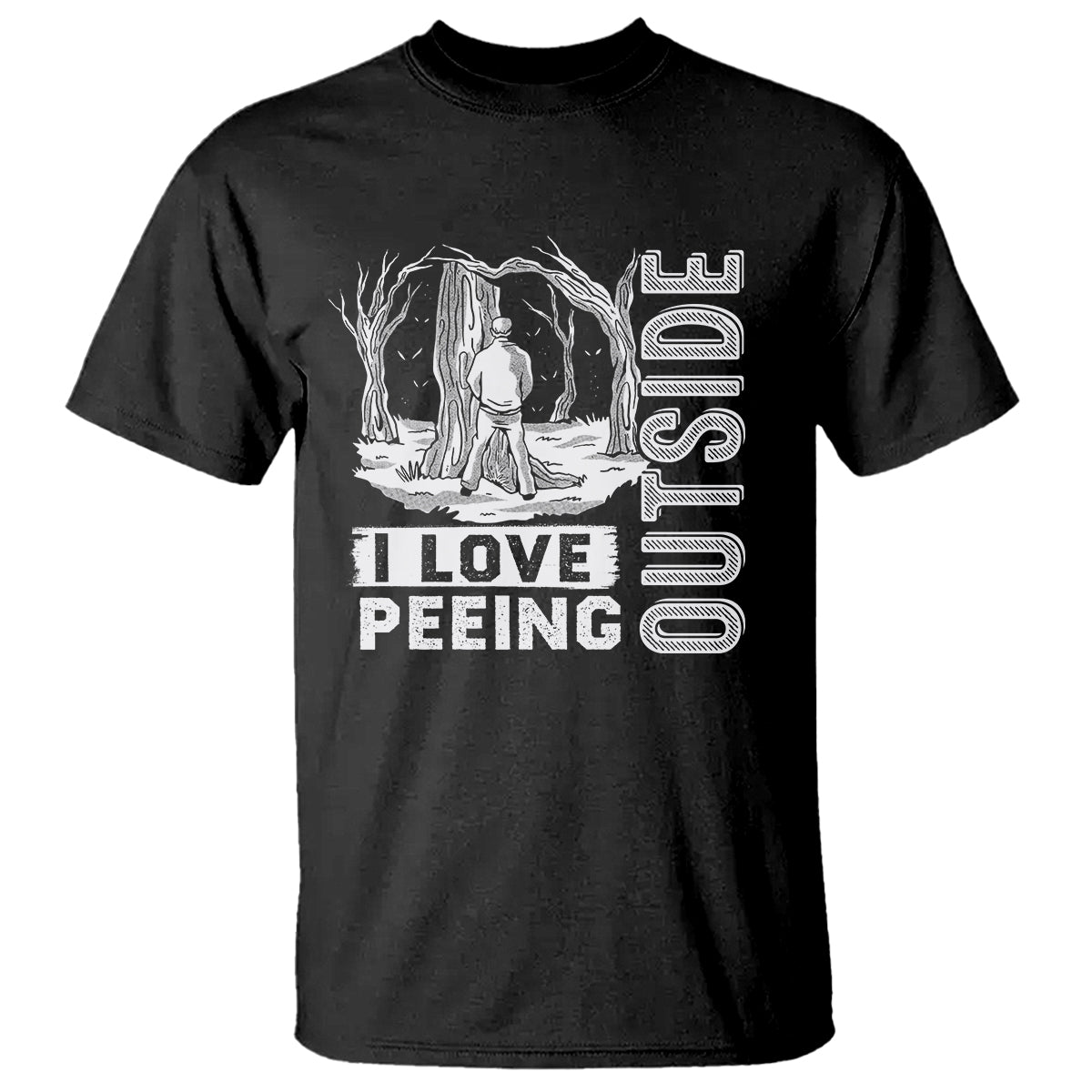 Black men's graphic camping T-shirt with white tree scene and 'I LOVE PE...
